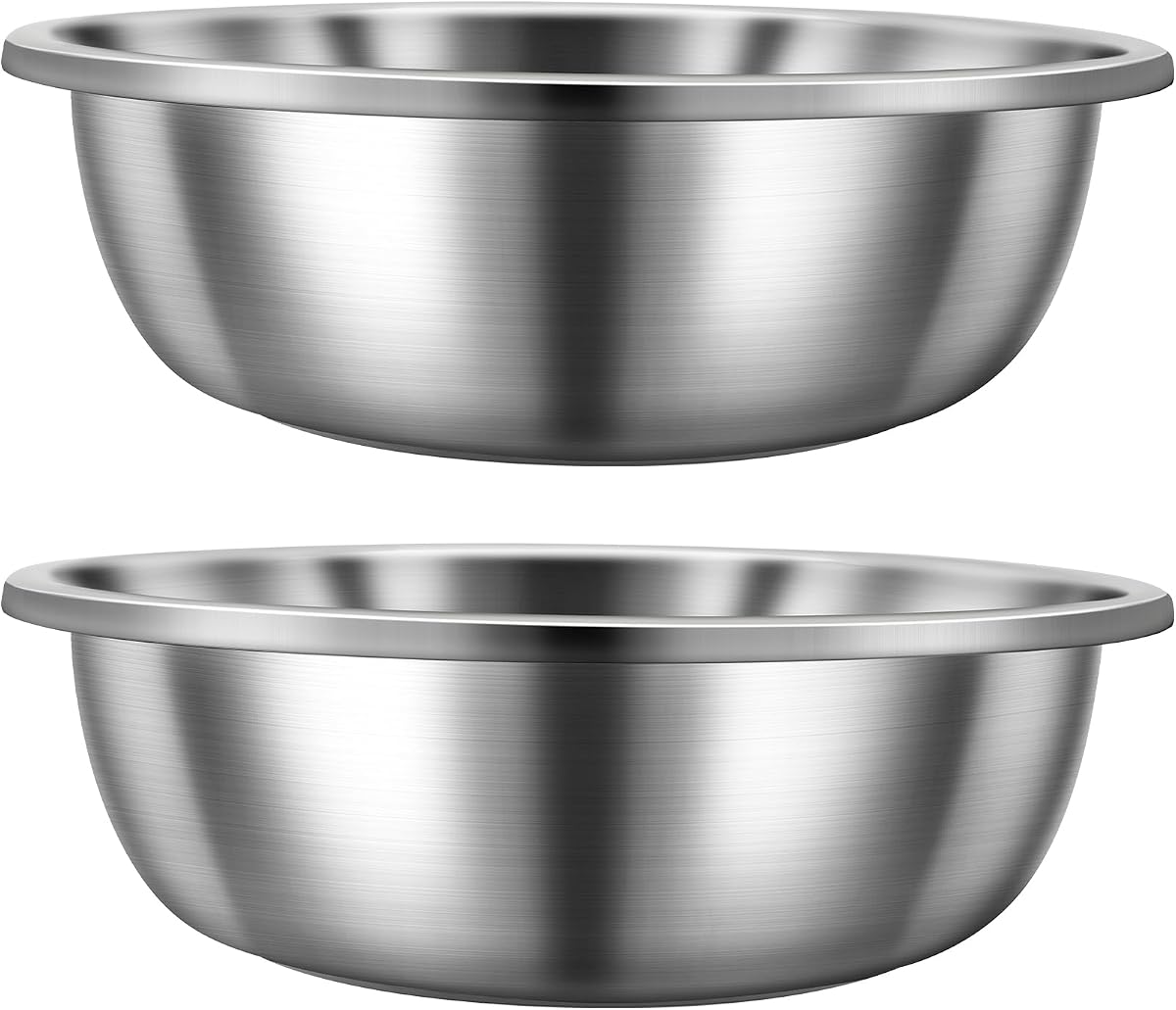 FillTouch 2 Pack 8 Qt Stainless Steel Mixing Bowl, 304 Metal | Mirror Polished Finish, Flat Stable Base, For Baking Mixing Marinating Prepping, Home or Commercial Kitchen Use