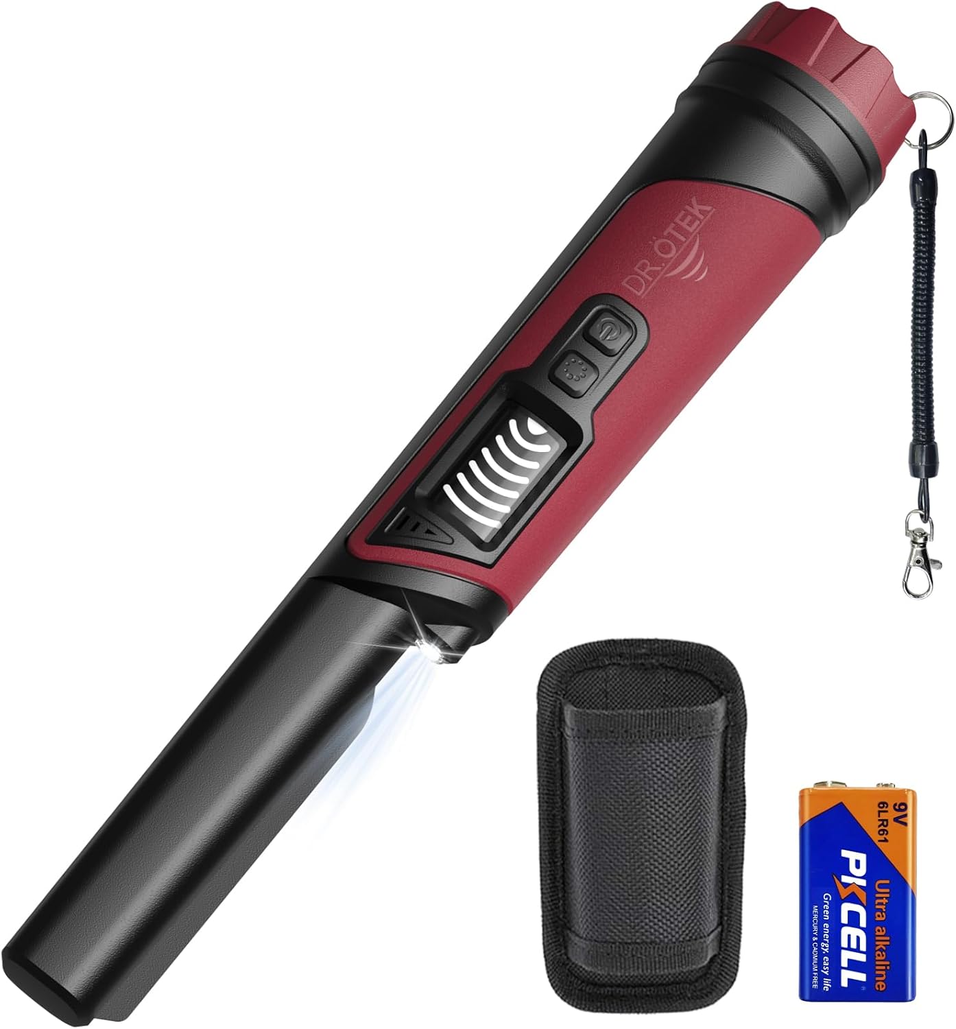 DR.ÖTEK Metal Detector Pinpointer, IP68 Fully Waterproof Underwater Pinpointer Metal Detector with LCD Screen & LED Light 360° Accurate High-Sensitivity Detection, Handheld Wand for Adults & Kids, Red