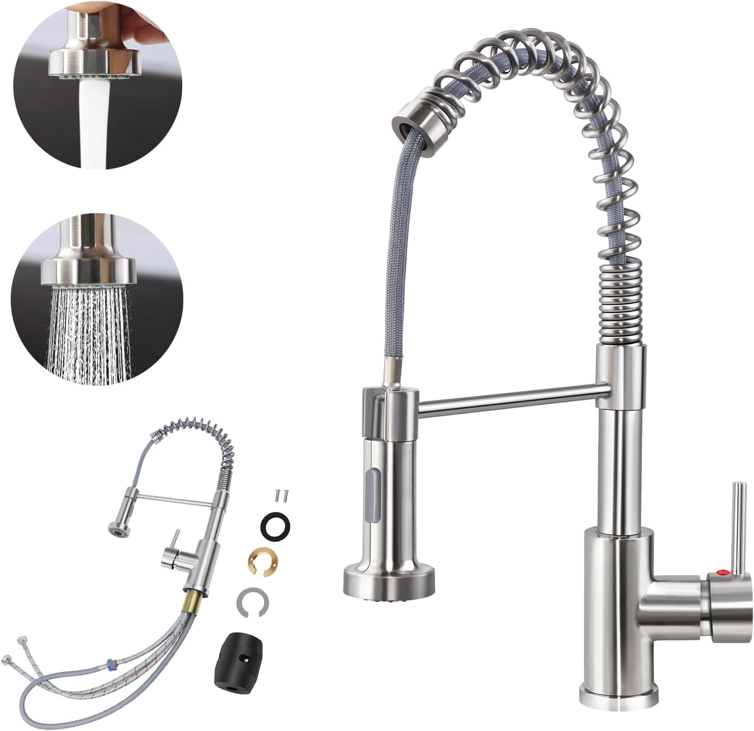 Kitchen Faucet, Stainless Steel Kitchen Tap Faucet with 360ยฐ Swivel Pull Down Sprayer, Modern Faucet Mixer for Sink with 2 Spray Modes, Single Handle Tap Hot and Cold