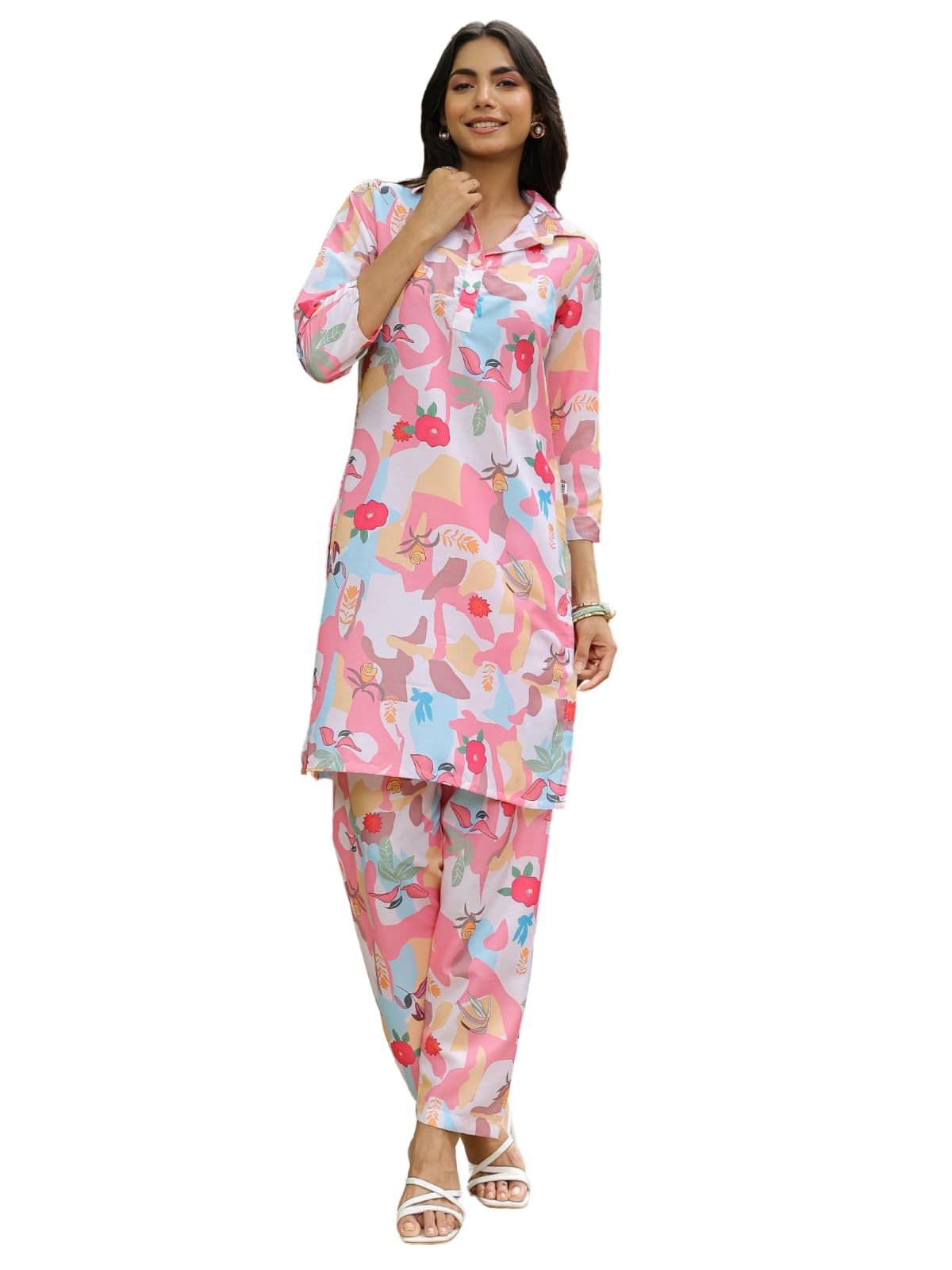 Leriya Fashion Women's Rayon Floral Regular Western Co-Ord Set (Lf-W1936&Tr958_Pink_M)