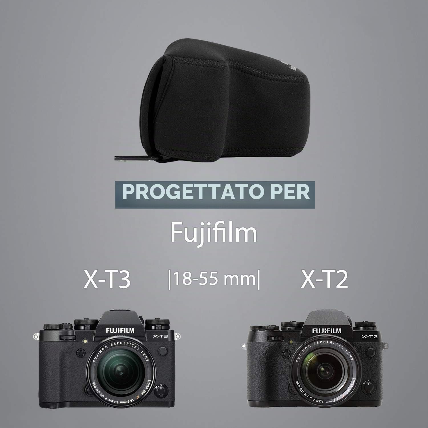MegaGear MG865 Custodia in Neoprene per Fujifilm X-T3, X-T2 (XF23mm - XF56mm & 18-55mm Lens), Nero