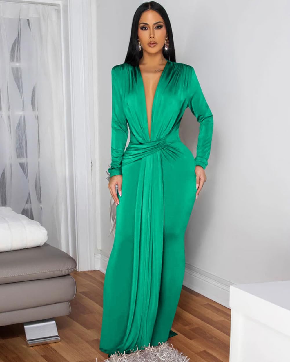 Memoriesea Women's Elegant Long Sleeve Deep V Neck Bodycon Party Evening Gown Maxi Dress - Image 2