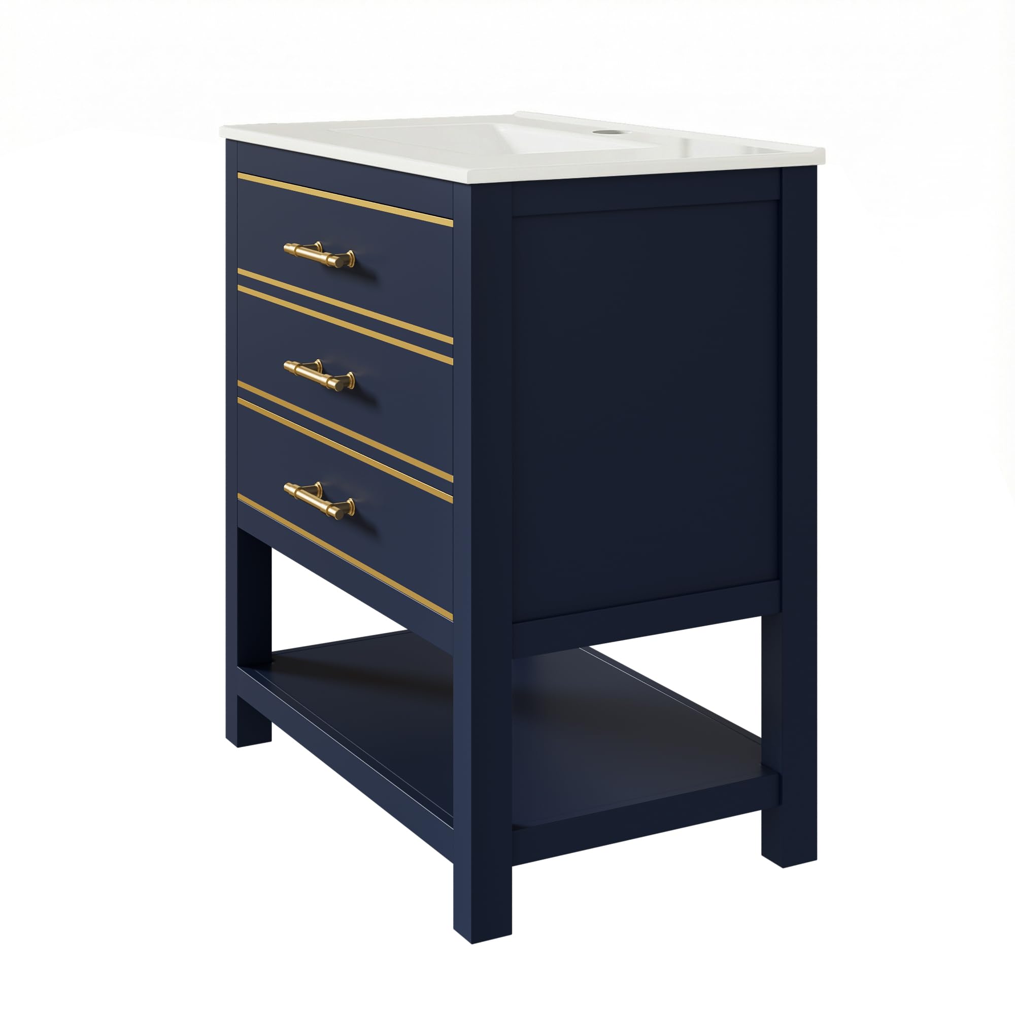 Mueble de baño con lavabo de cerámica negro y azul, 70 x 90 cm, mueble de baño independiente con 2 cajones, compartimento abierto, asas doradas, sin grifería