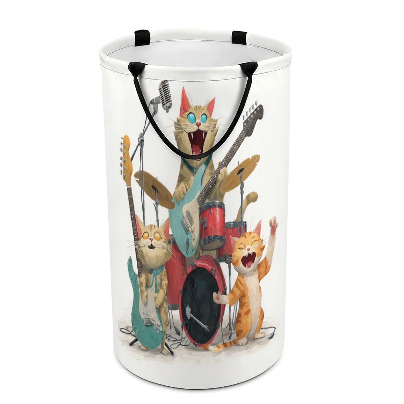 LUYYSKY Beautiful Funny Cats Bands Versatile Storage Laundry Basket, Abstract Cartoon Music Theme Animals Kittens Pattern Large Capacity Bathroom Hamper With Handle