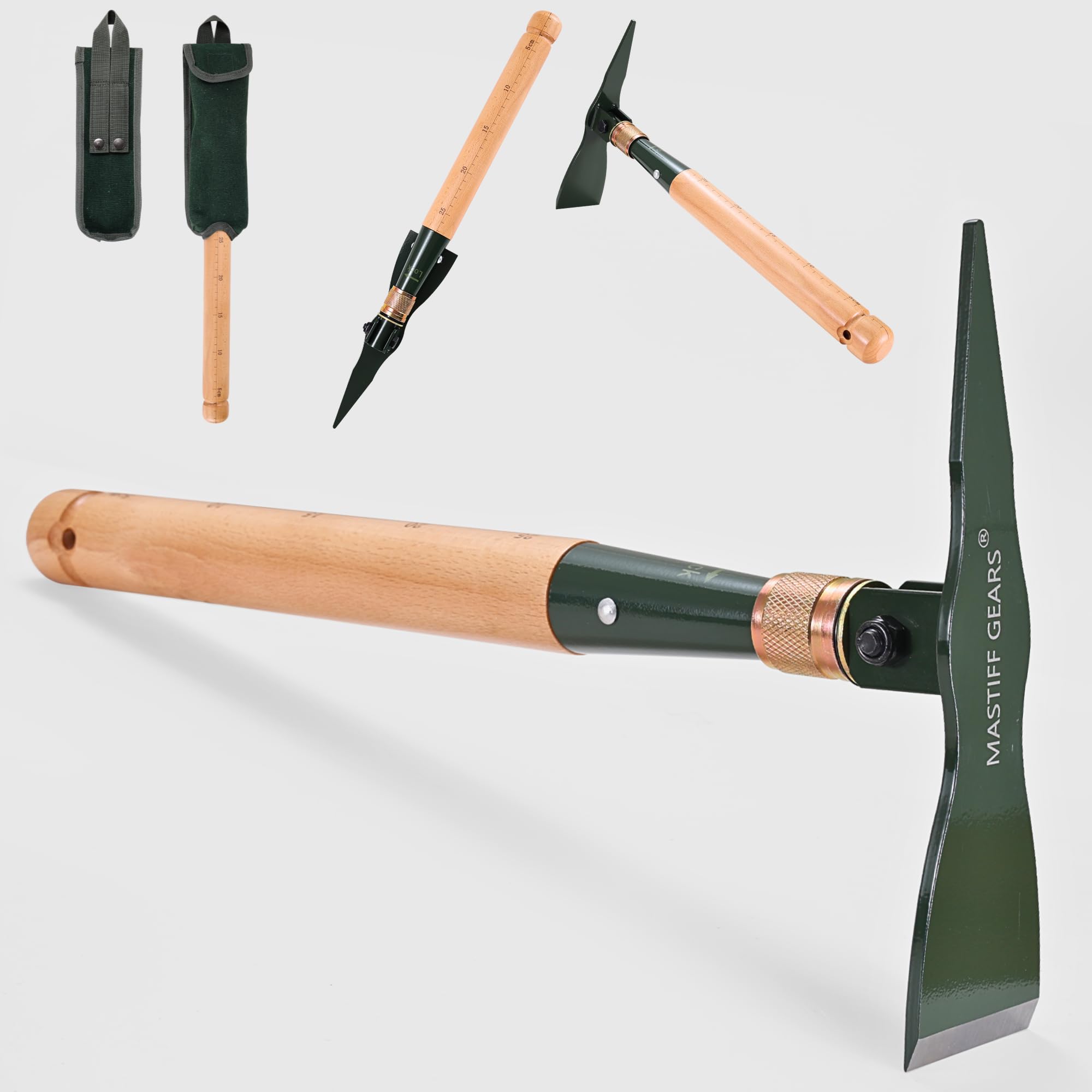 MASTIFF GEARS Folding Survival Shovel - Wooden Handle, Heavy Duty Carbon Steel Military Entrenching Tool for Camping, Off Road, Beach & All-Terrain Digging (Folding Pickaxe)