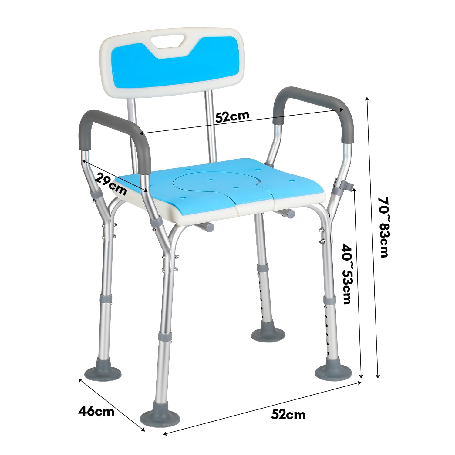 Taboret prysznicowy z regulacją wysokości, wykonany z aluminium i tworzywa sztucznego PE, ze zdejmowanym siedziskiem, z podłokietnikami i oparciem, ergonomiczny, z antypoślizgowymi gumowymi