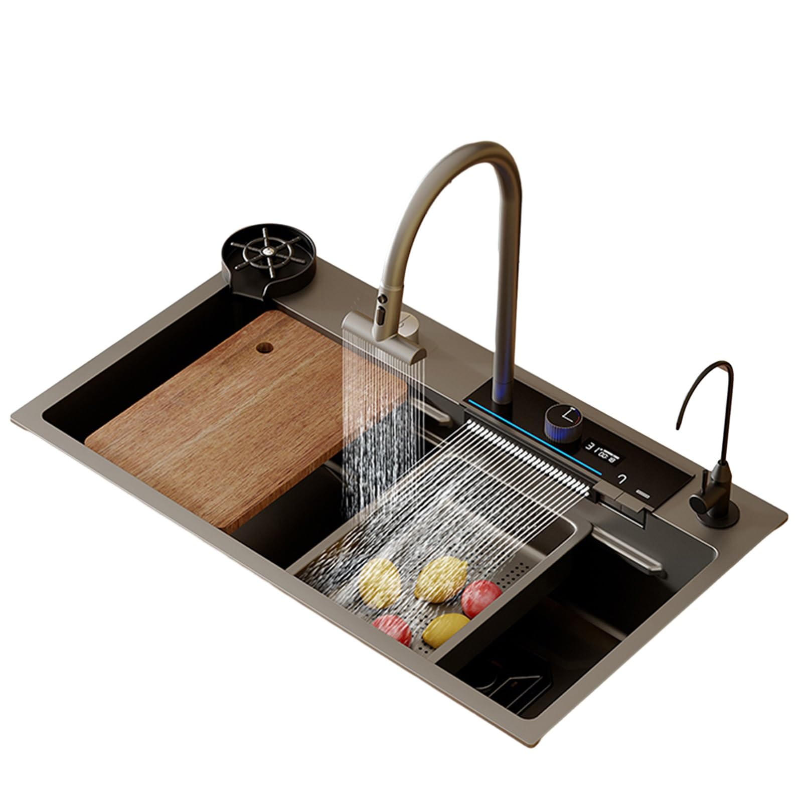 Lavello sottotop per postazione di lavoro Lavello da cucina in acciaio inox 304 con controllo da tavolo, cascata a pioggia volante, lavello da cucina, display digitale della temperatura dell'acqua a L
