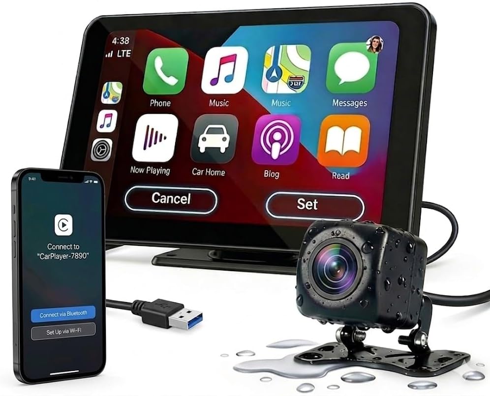 Portable Apple Carplay Screen: 7" HD Touchscreen Wireless Android Auto Display with Backup Camera, Mirror Link, Bluetooth, Voice Control & GPS Navigation, Plug & Play for All Vehicles