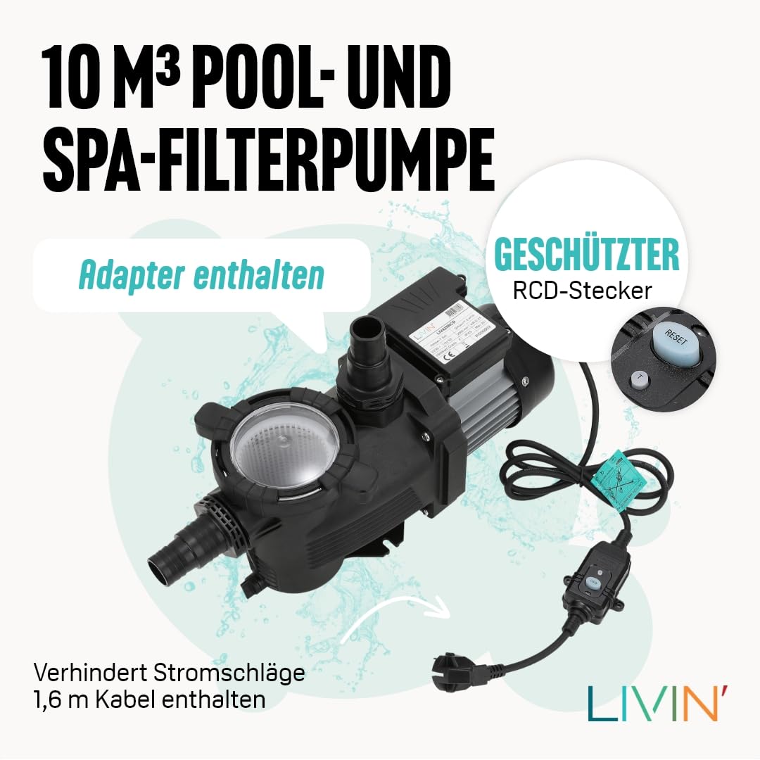 LIVIN' Poolpumpe 250W - Schwimmbad Schmutzwasserpumpe Poolfilter LIV425RCD im Pool Zubehör mit hoch 10 m Hmax - 65 dB Niedriger Geräuschpegel, Pool Pumpe wasser Filteranlage reinigt bis zu 10000 L/hr