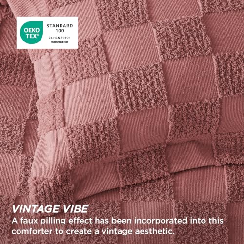 Image of Bedsure King Size Comforter Set Grayish Pink, Boho Tufted Bed Set, Checkered Farmhouse-Style Distressed Vintage Bedding, 3 Pieces, 1 Plaid Geometric Comforter and 2 Pillow Shams