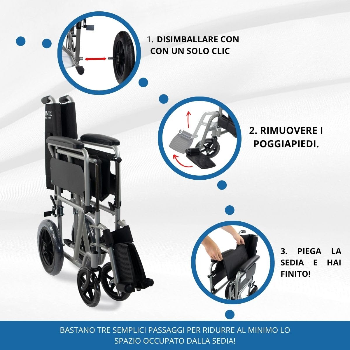 Mobiclinic®, Sedia a rotelle pieghevole, Marsella, Marchio europeo, Robusta, Seduta 46cm, Poggiapiedi e braccioli pieghevoli, Freno leva, Ruote sgancio, Argento