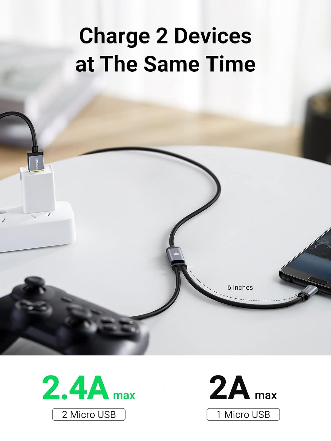 UGREEN Micro USB Cable, Splitter Dual Micro USB Charging Cable Data Sync and Power, Compatible with Two Android Phones Tablets PS4 Game Controller Samsung Galaxy Note LG Nexus, 3ft