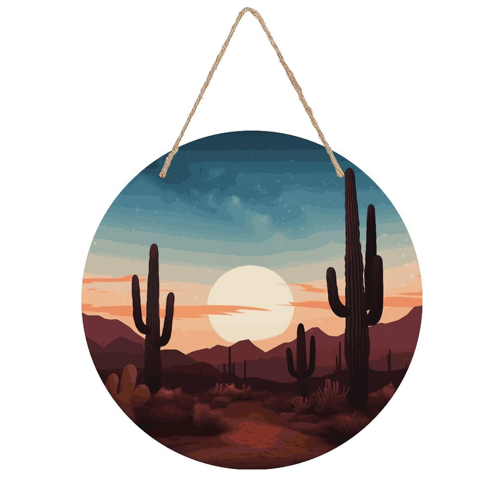 VstaDank Desert With Cactus Wall Art Decor with Ropes Wooden Hanging Sign Hanging Wall Decor Artwork Round Wood Painting Modern Wall Prints Decor Picture for Office Bar Home Decors
