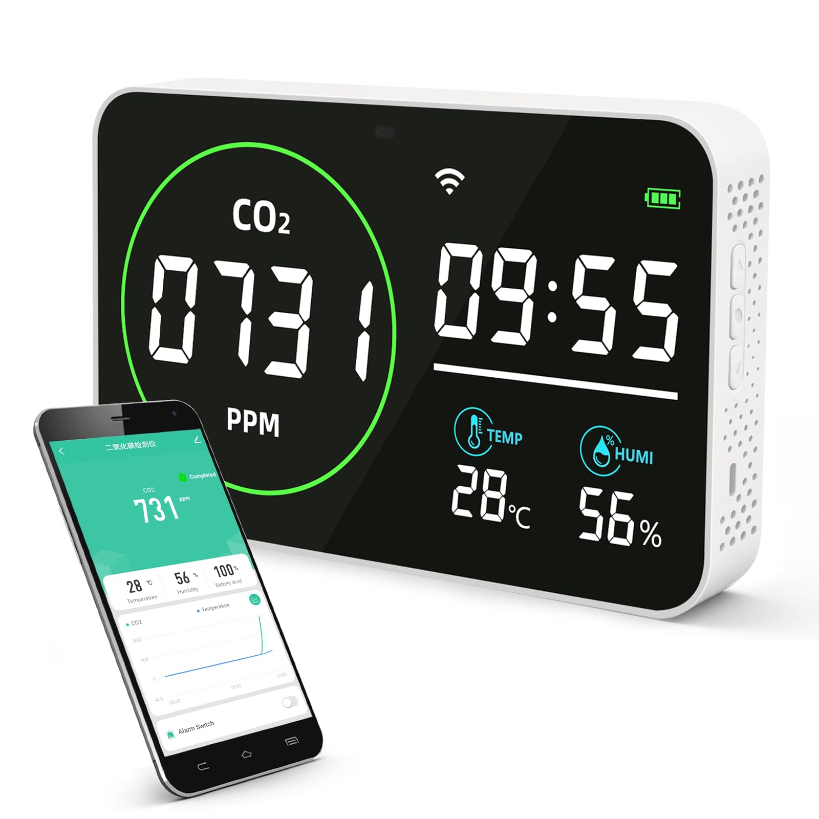 Greenhouse CO2 Monitor - 4 in 1 Digital CO2 Detector with Temperature, Humidity and Clock, High Precision NDIR Sensor, Indoor CO₂ Meter USB Type C for Grow Rooms-image-15