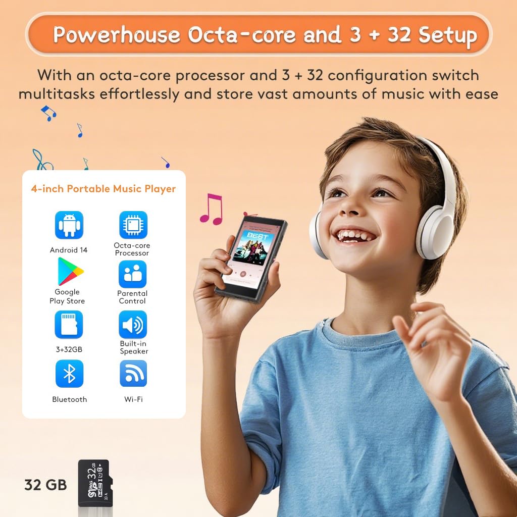 Reproductor MP3 de 96 GB con Bluetooth y WiFi, Android 14, Play Store, Spotify, Pandora, Amazon Music, Pantalla IPS de 4", MP3 y MP4 para niños con Family Link, Libby y Audible, hasta 512 GB.
