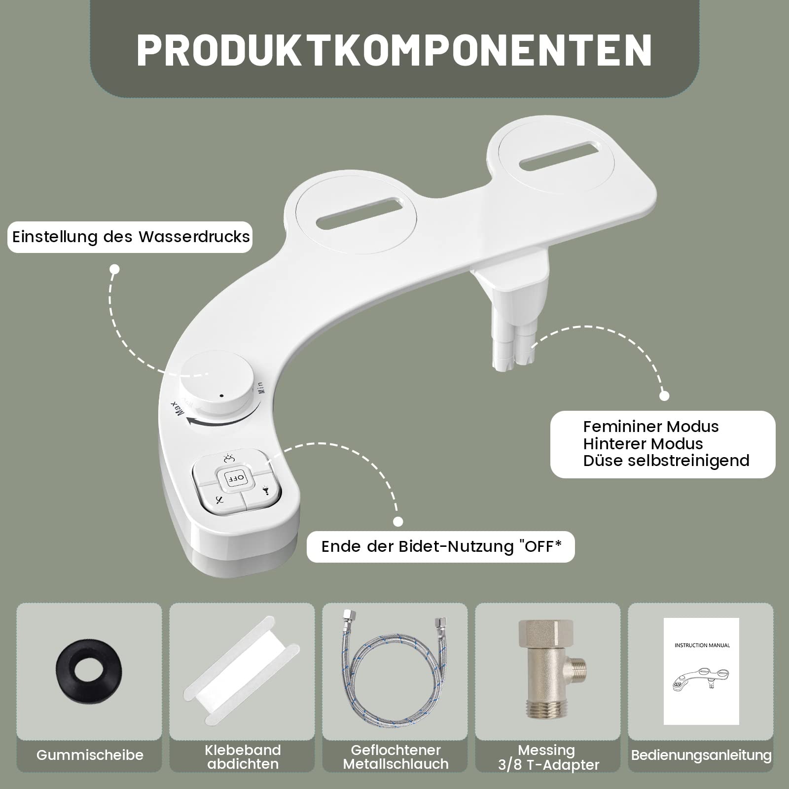 Bidet Toilette WC Bidet Japonaise Pulvérisateur Bidet Kit Abattant WC Alle De Bain avec Double Buses rétractables autonettoyantes