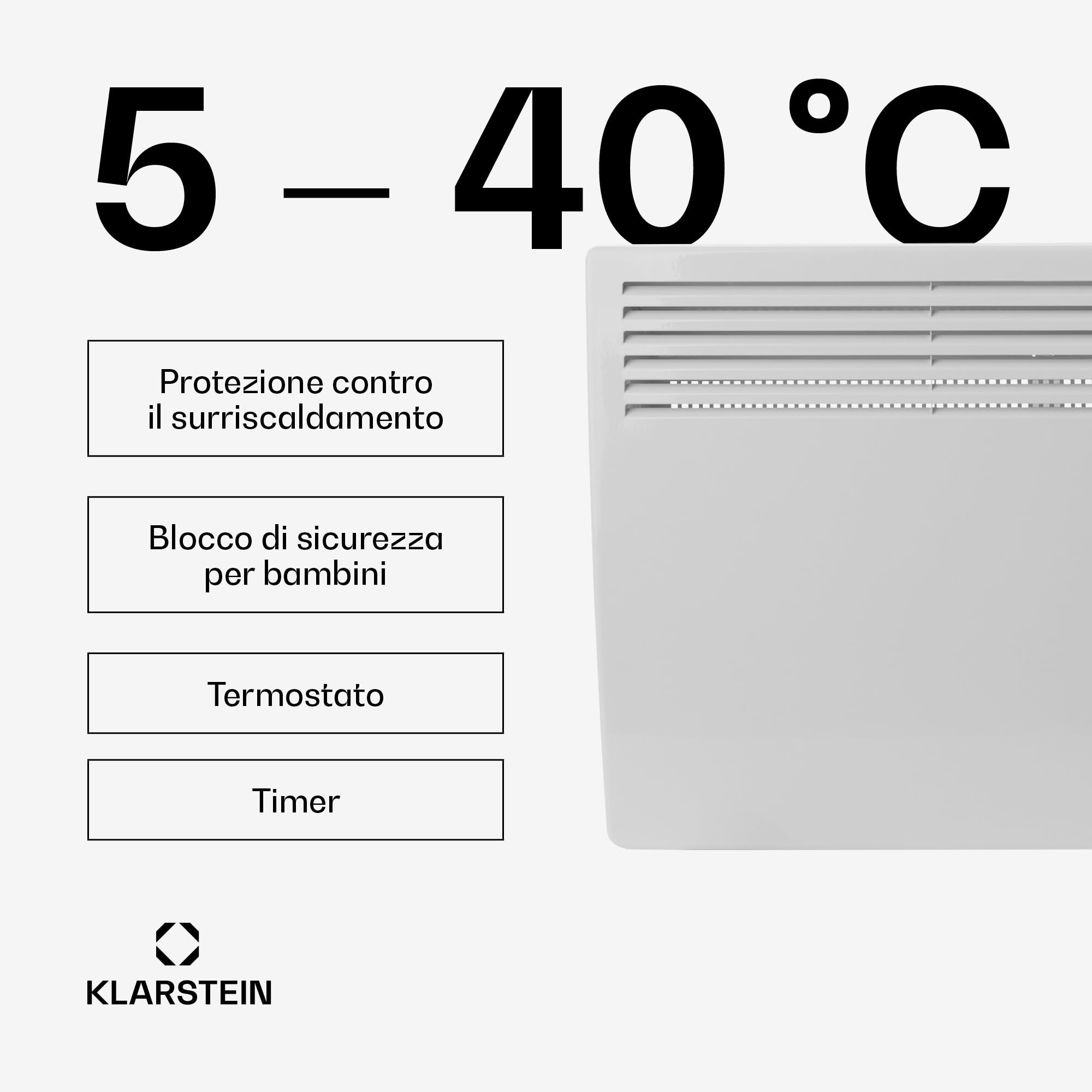 Klarstein Hot Spot Slimcurve - Stufa a Parete, Riscaldatore con Termostato, Stanze fino a 40 m², 80 x 40 cm, 1000/2000 Watt, Temperatura Impostabile da 5 a 40 °C, Bianco Fumo