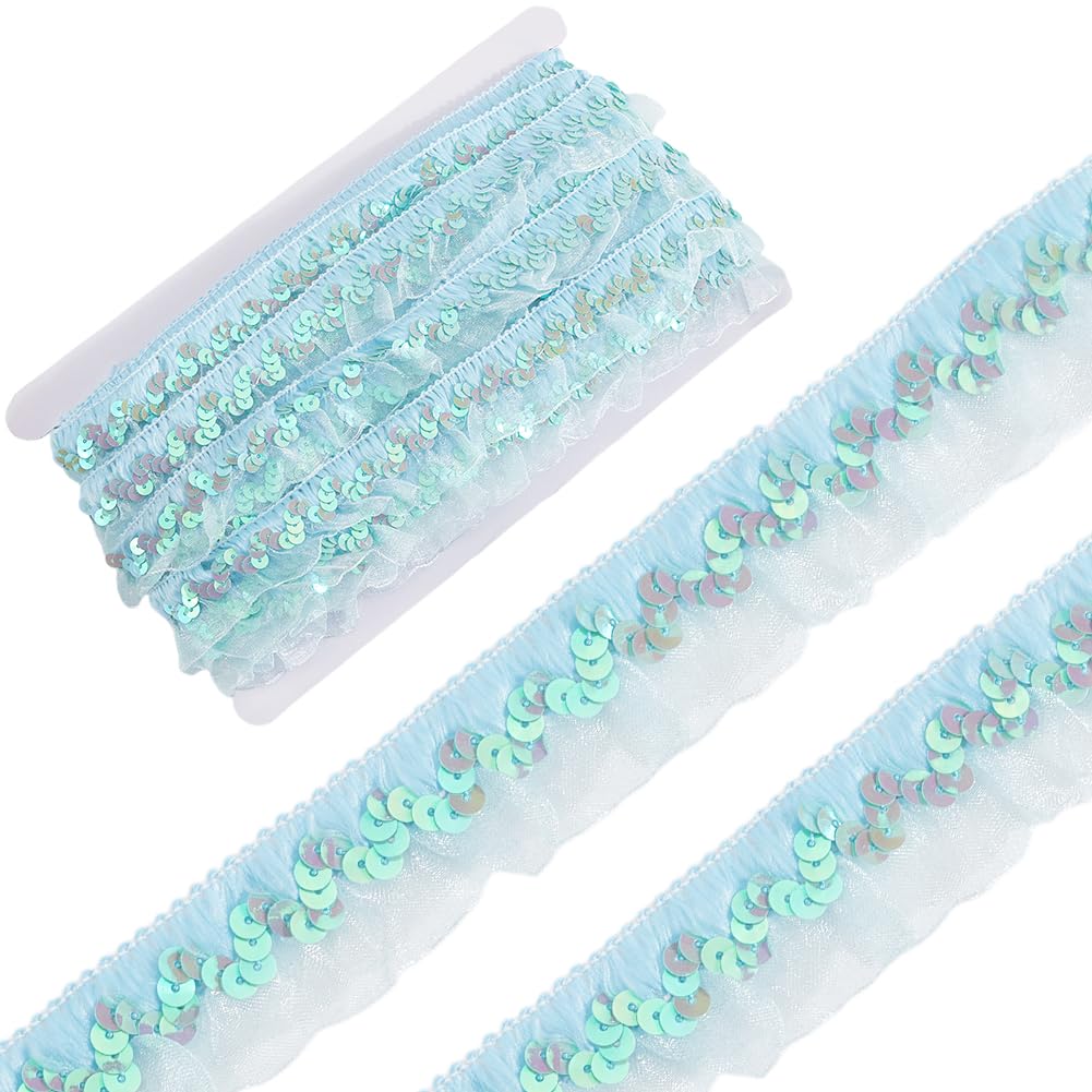 GORGECRAFT 11m Elastic Organza Fabric Ribbon Sequin PleatedSequin Chiffon Lace Edge Trim 3cm Light Sky Blue Gathered Ruffle Mesh Stretch Fringe Trimming for Sewing Gift Package Wrapping Cloth