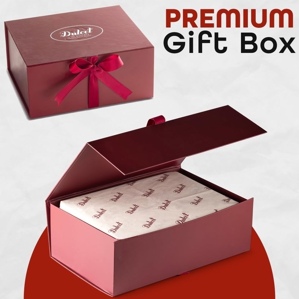 Gourmet Chocolate Crumb Cake Gift Box By Dulcet Gift Baskets- Freshly Baked Handmade Moist Chocolate Crumb Cake For House Warming, Office Parties, Gifts & More - Reusable Maroon Gift Box - 2 8x8 Cakes