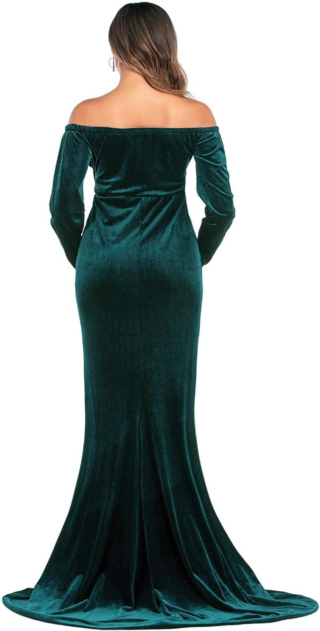JustVH Velvet Maternity Off Shoulder Half Circle Fitted Gown Maxi Photography Dress for Baby Shower Photo Props Dress - Image 6