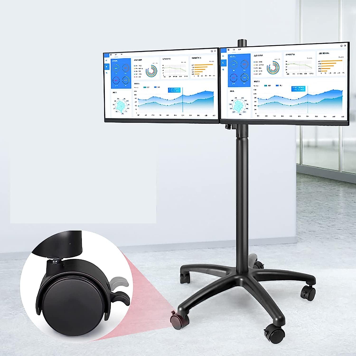 Supporto da pavimento per monitor a schermo piatto/curvo a 2 movimenti, con ruote, regolazione dell'altezza, adatto per monitor da 12 a 27 pollici
