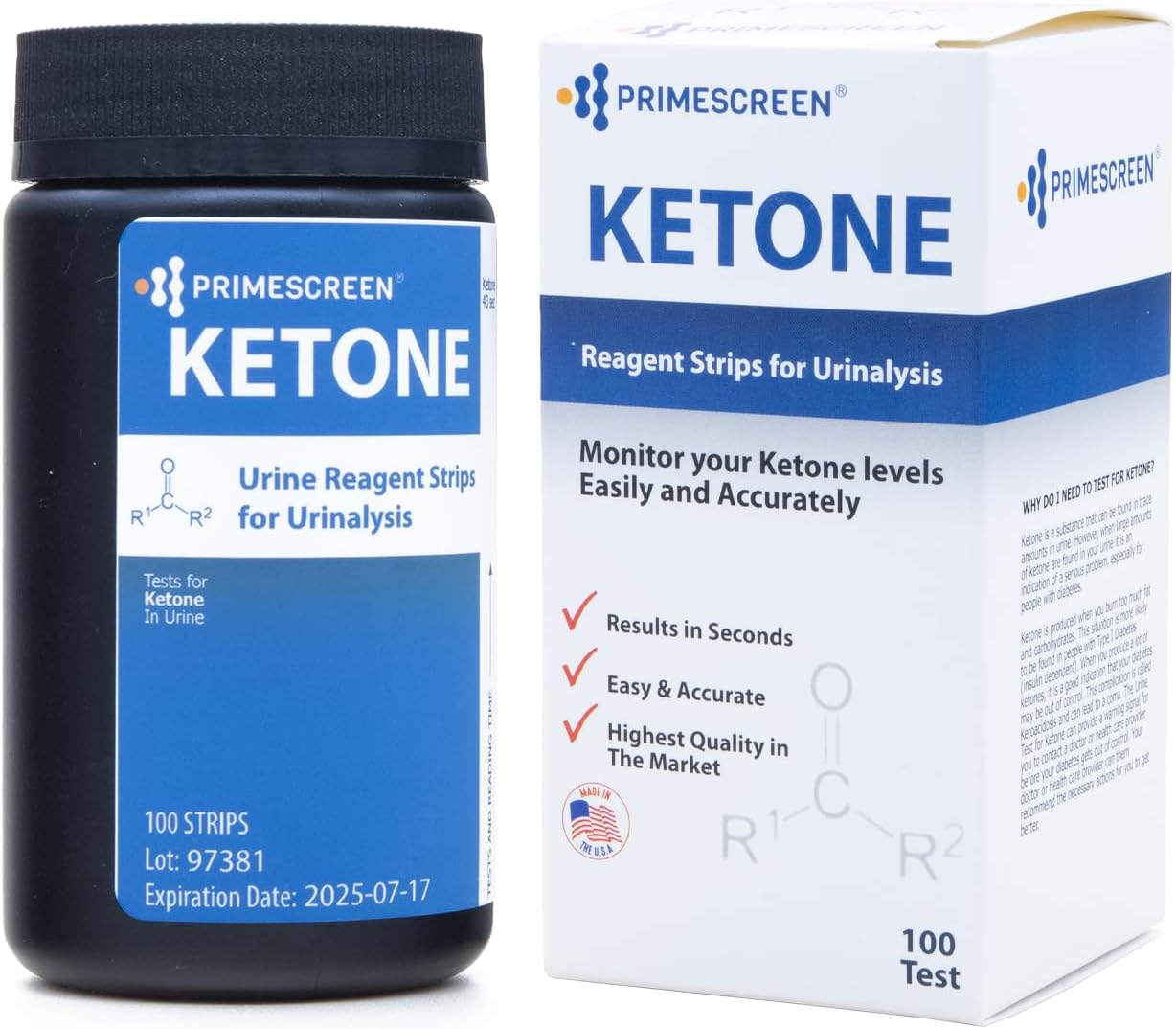 Prime Screen Ketone Test Strips: Testing Ketosis based on your urine, 100 Ketone Urinalysis Tester Strips