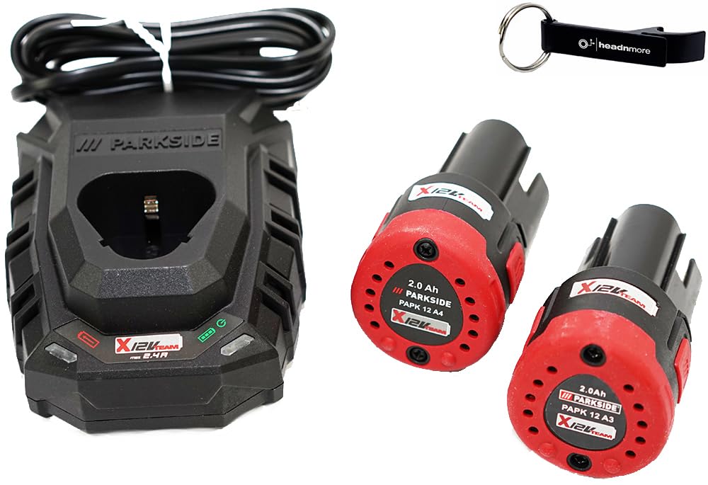 HEADNMORE® Bundle Parkside® - Juego de baterías (12 V, 2 Ah, 2 baterías, 12 A4, 2 Ah, incluye cargador PLGK 12 A3 y llavero HEADNMORE)