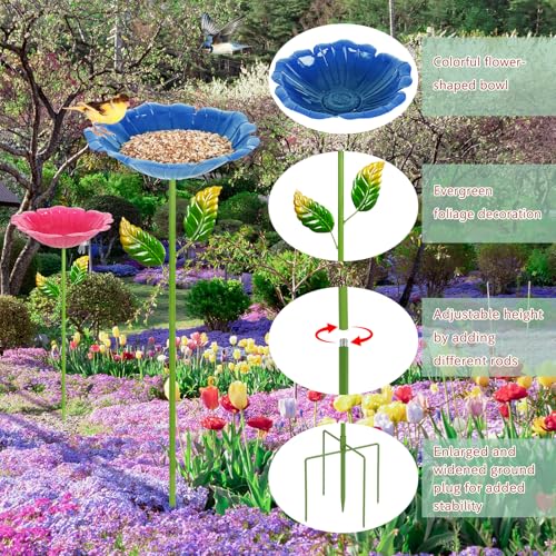 Image of 2 Pack Bird Bath for Outside, Outdoors Garden Decor Flower Birdbath | Colorful Metal Bird Bowl with Five Stakes for Hummingbird Baths & Bird Feeders, 31.3 inch H x 10.63 inch Dia (Royal Blue,Pink)