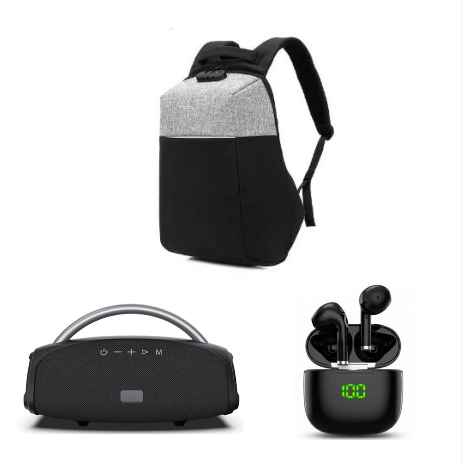 BLAUPUNKT Zestaw Trio Easy Outdoor z głośnikiem Bluetooth Powerful LED, Bezprzewodowe słuchawki Bluetooth z etui ładującym i plecakiem podróżnym kabiny samolotu 40x20x25