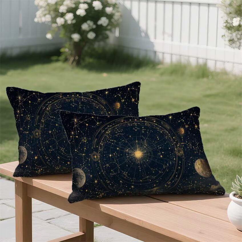 Cadeau automne housse coussin exterieur marine 80x100cm lin impermeable motif etoiles