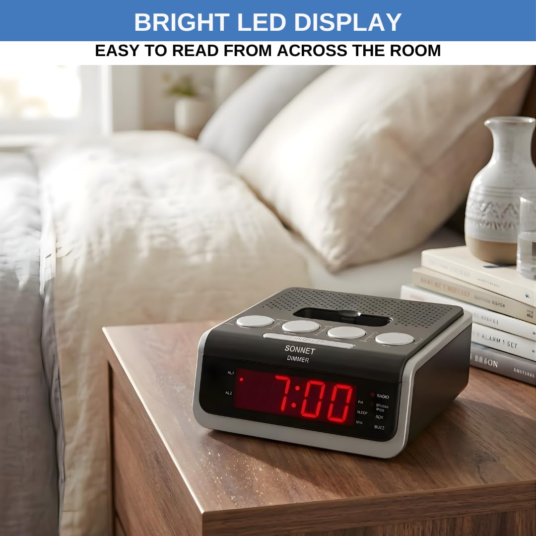 Reloj despertador digital con radio estéreo FM, pantalla LED roja, alarma dual, temporizador de repetición y sueño, entrada AUX, base de 30 pines, respaldo de batería, reloj compacto para mesita de