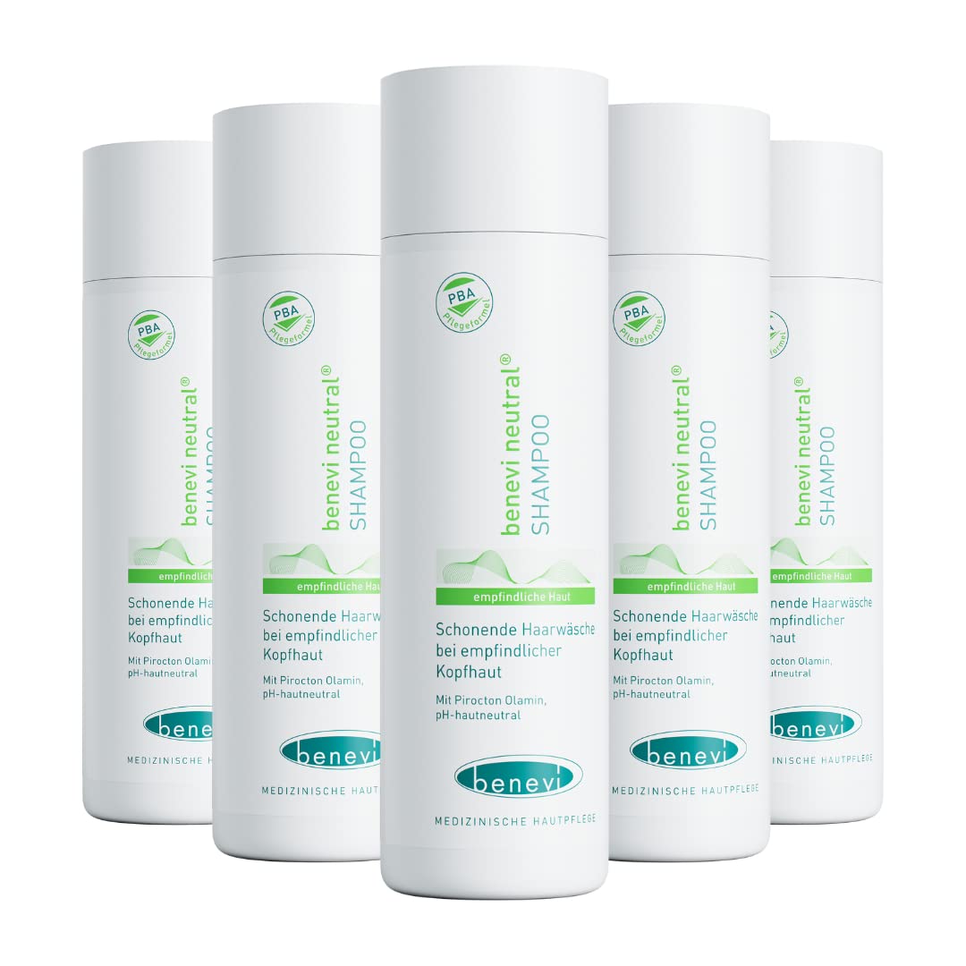 benevi Shampoo 5 x 200ml für empfindliche, trockene, juckende, gereizte Kopfhaut und Haare. Besonders mild. Auch bei zu Neurodermitis oder Schuppenflechte neigender Kopfhaut geeignet.