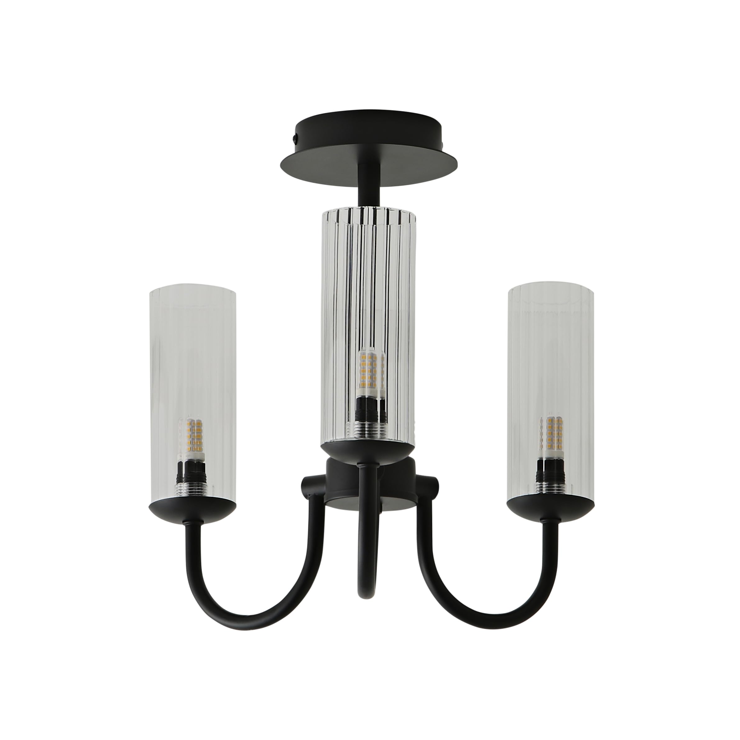 ValueLights Canya 3 Way Chandelier Ceiling Light - Black - Ribbed Glass