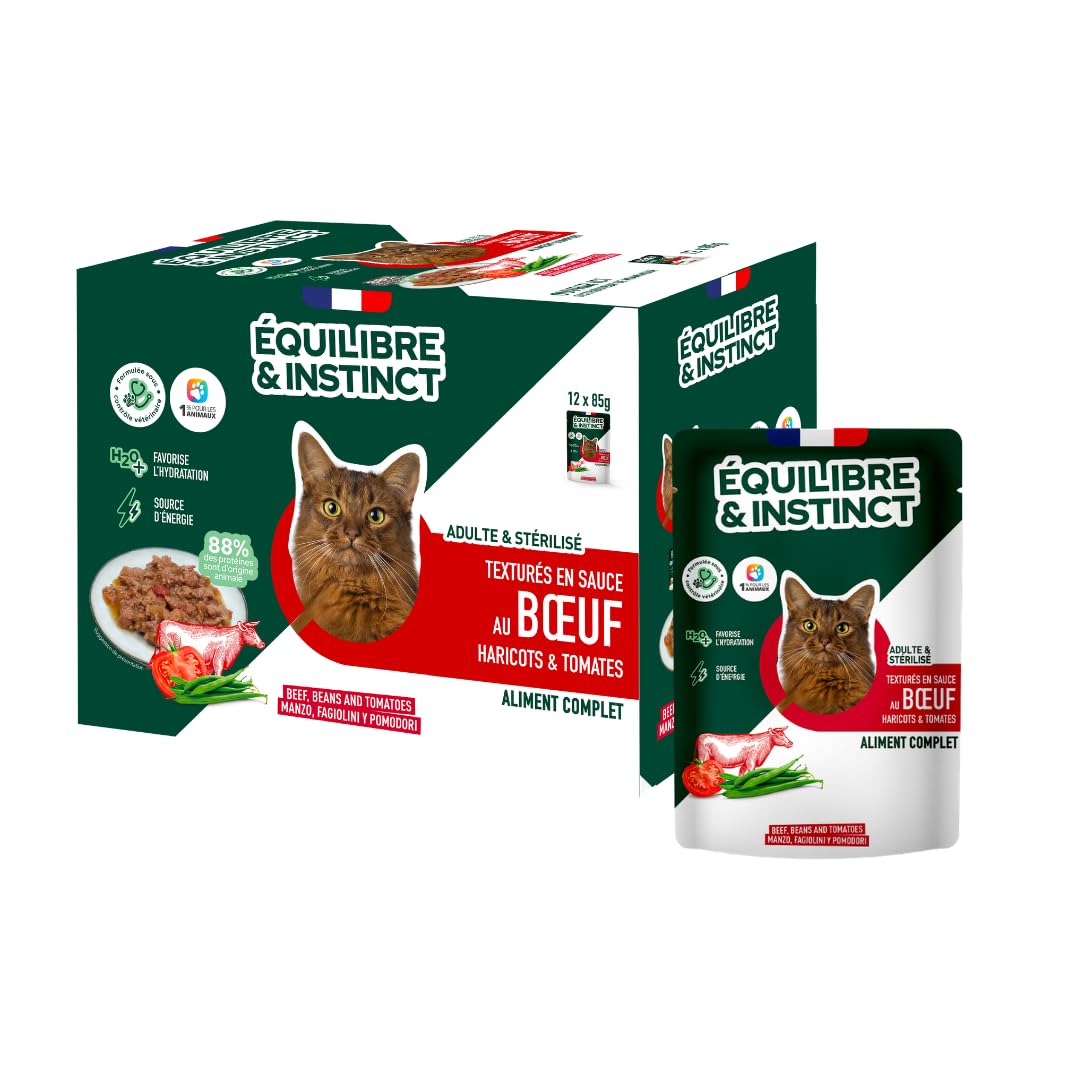 EQUILIBRE & INSTINCT - Chat Stérilisé - Sachet Nourriture Humide Boeuf - Maintien des défenses immunitaires - Recette Complète formulée avec des vétérinaires - 48x85g - Fabriqué en France