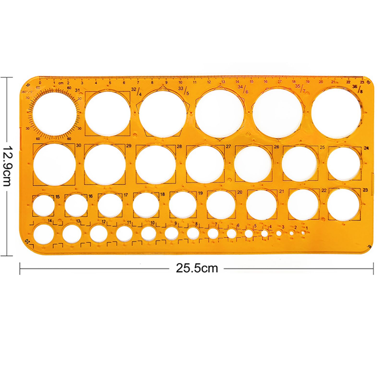 Plantilla circular de plástico, plantilla de dibujo, plantilla circular con 36 círculos, regla circular para dibujar, medir y diseñar, malla de acero para dibujar (naranja)