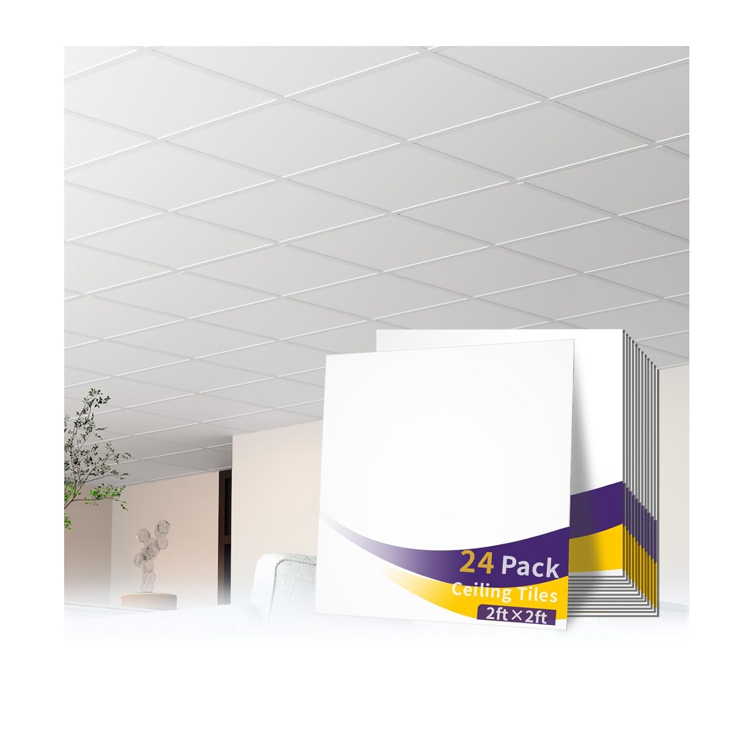 24 PCS 24" x 24" Smooth Drop Ceiling Tiles 2ft x 2ft, PVC Ceiling Tile - Waterproof, Fire-Rated to Prevent Breakage - Cover 96 Sq. Ft, White 24x24 Inch 24