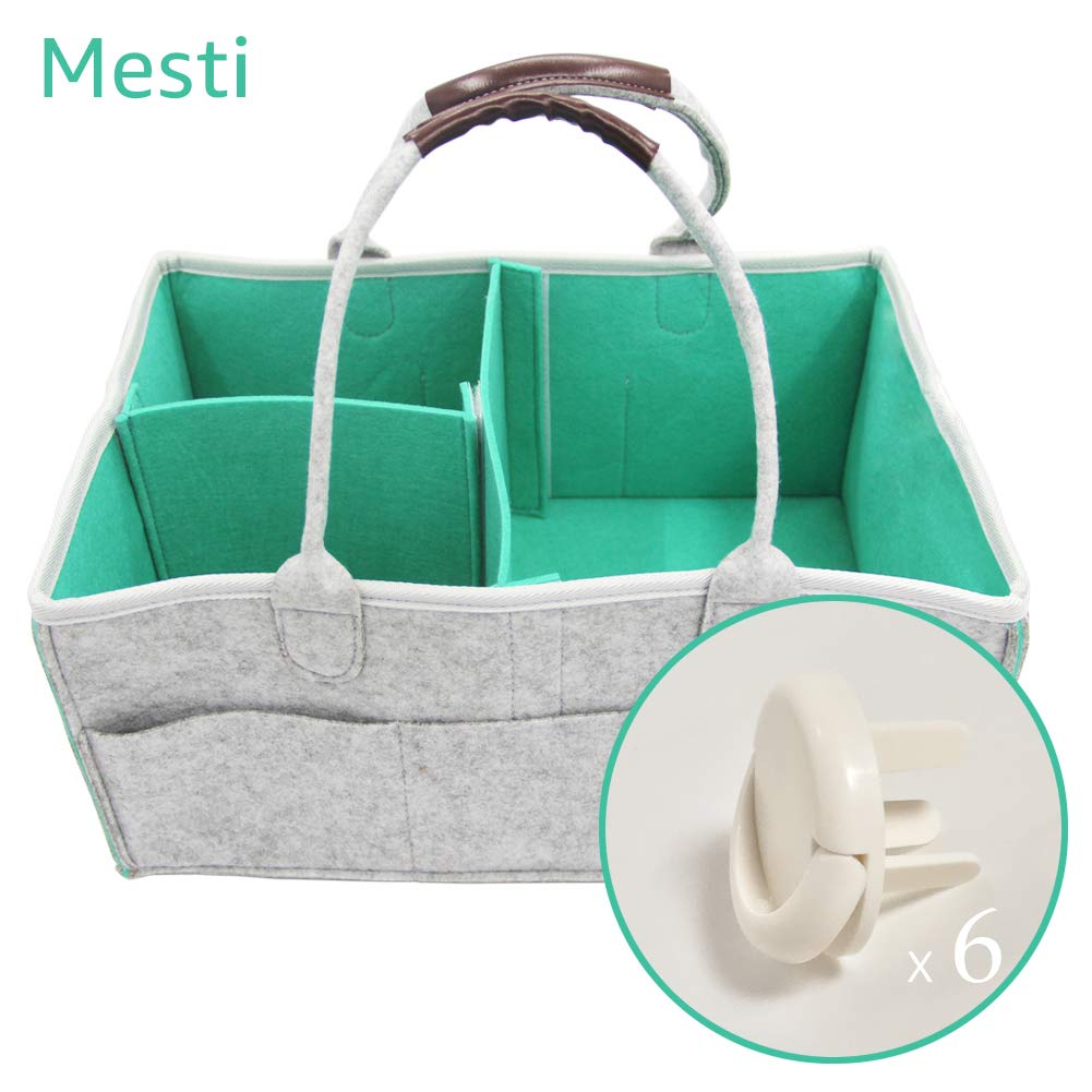 Baby Diaper Caddy Mesti Nursery Diaper Tote Bag | Boy Girl Baby Diaper Caddy | Large Portable Travel Organizer | Storage for Diapers | Baby Diaper Caddy with Leather Handle | (Green)