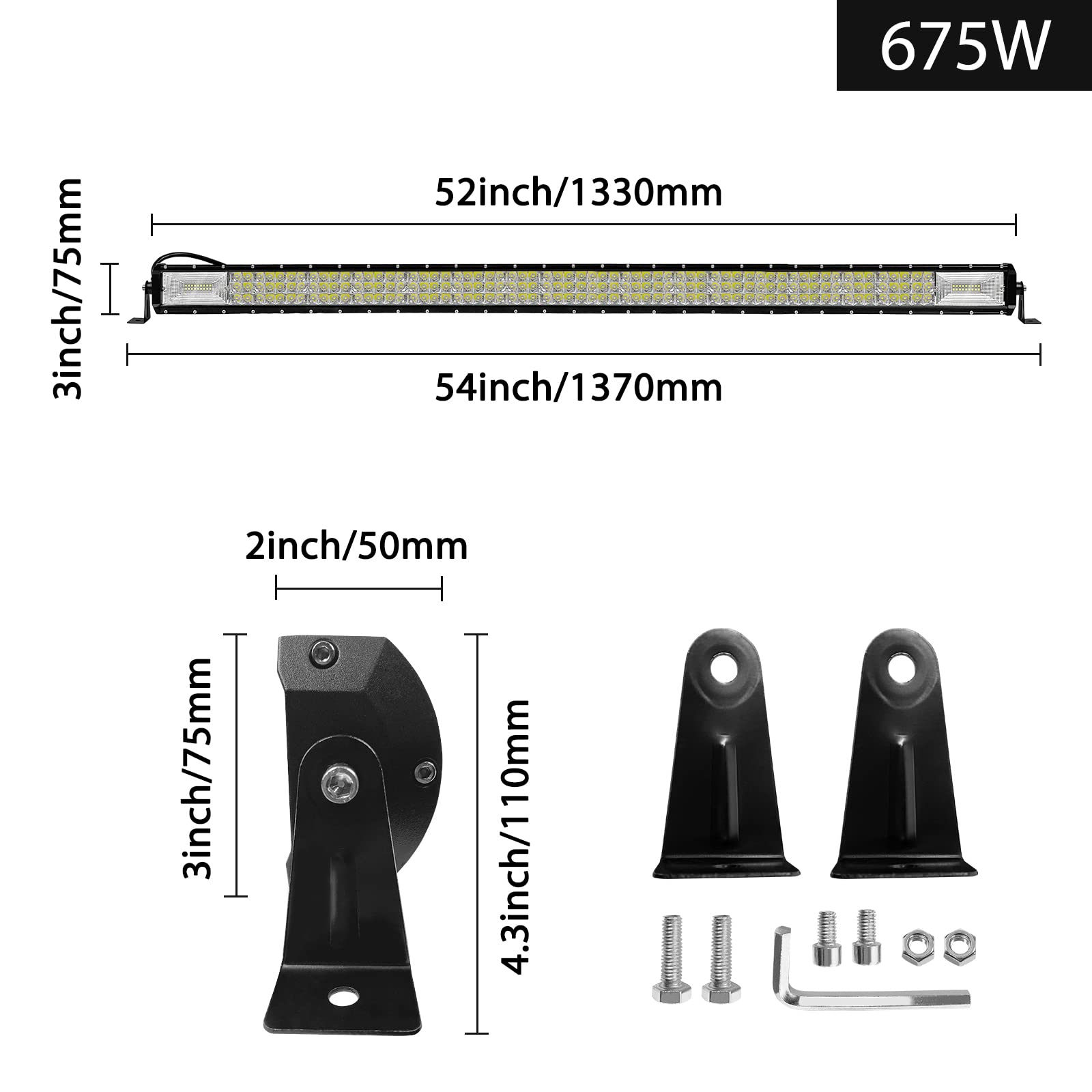 Froadp 675W LED Barra de Luces de Trabajo, Faros de Coche, IP67 Luz Auxiliar Impermeable Fila, Dispositivo de Iluminación Adicionales Seguras y que Ahorran Energía para SUV LKW UTV(1330x80x70mm)