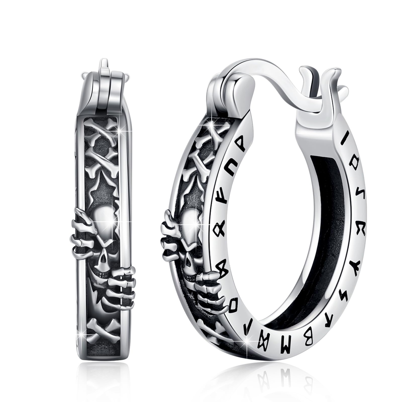 OKROKTOT Skull/Viking Hoop Earrings for Men 925 Sterling Silver Skull Earrings Gothic Rune Earrings Viking Jewelry Halloween for Men Women Brother Dad