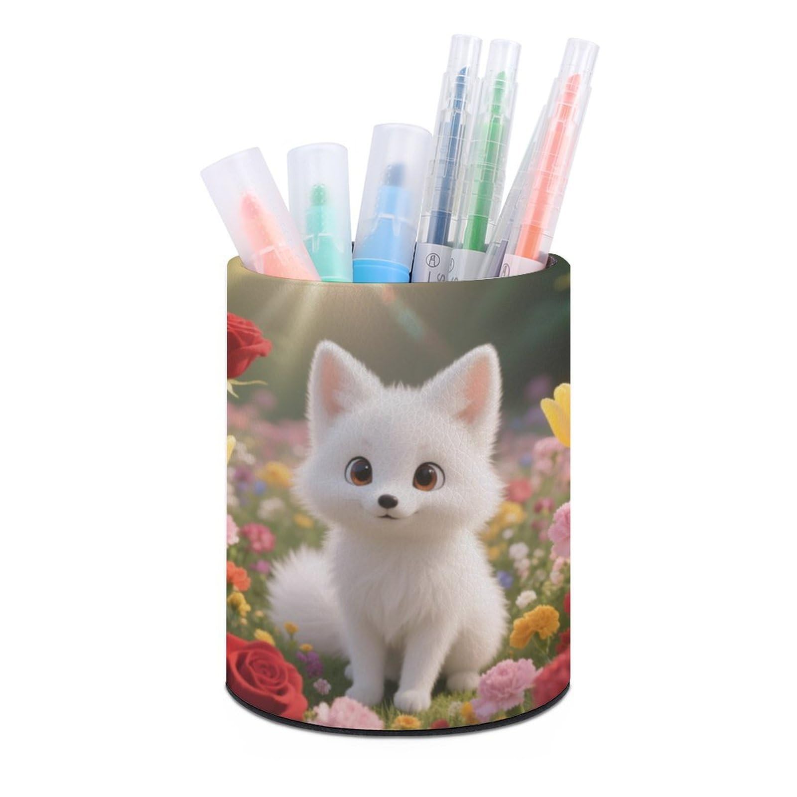 DWVTSLH Aesthetic Pen Holder for Desk - Modern Leather Pencil Holder - Stylish Round Makeup Brush Holder - 3D Fox Pen Cup Cute And Functional Desk Organizer for Office Supplies