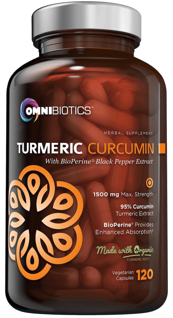 OmniBiotics Organic Turmeric Curcumin Supplement with Black Pepper Extract – 1500mg Turmeric with 95% Curcuminoids & BioPerine, High Absorption for Joint Support – 120 Vegan Capsules