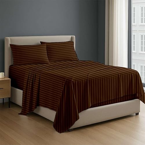 NON Sticky cotton Premium 4 Piece Egyptian Cotton Fitted Queen Sheet Set, Hotel Quality Soft Breathable Bedding Sheets, 18" Deep Pocket, 60" X 80", Chocolate Stripe