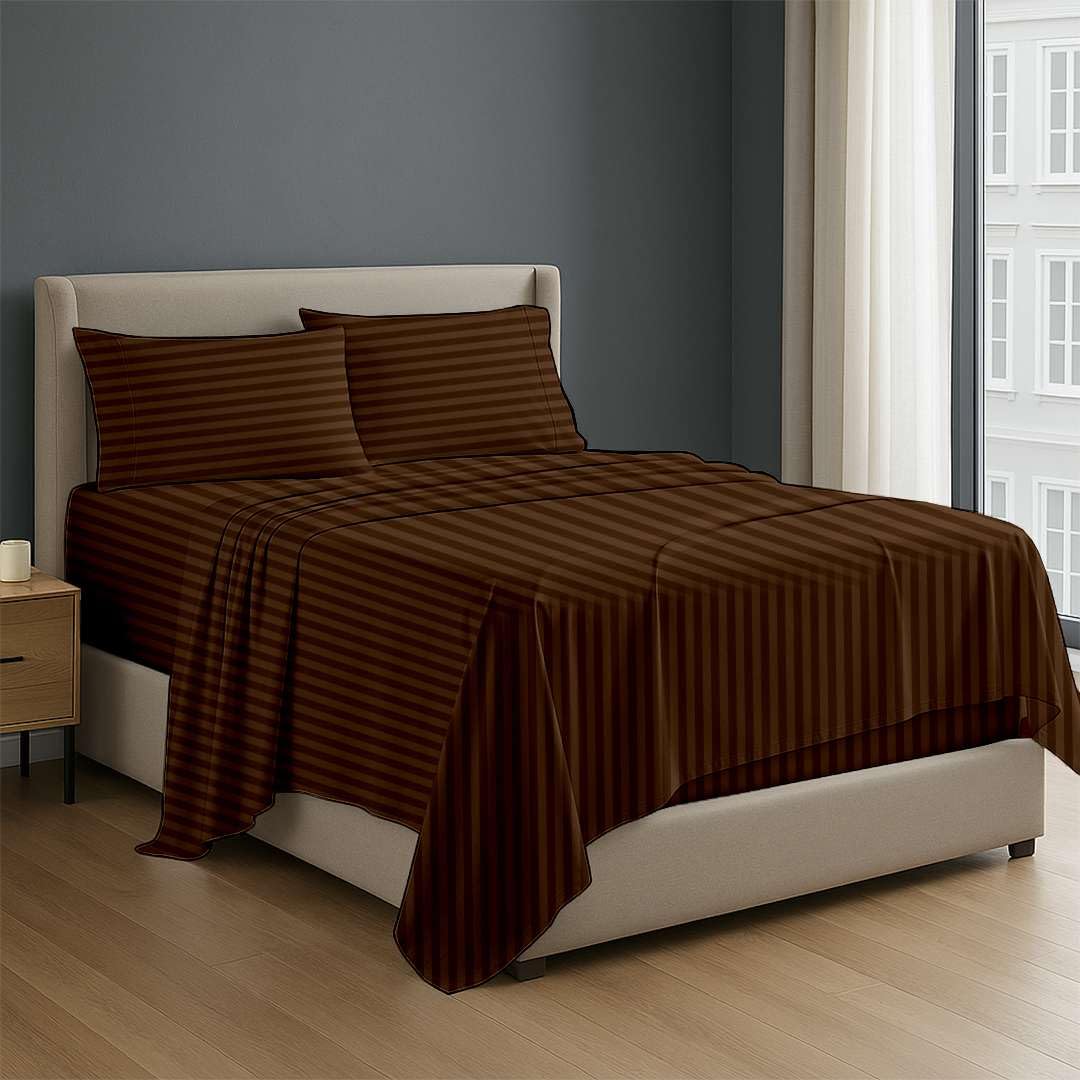 NON Sticky cotton Premium 4 Piece Egyptian Cotton Fitted Twin Sheet Set, Hotel Quality Soft Breathable Bedding Sheets, 12" Deep Pocket, 39" X 75", Chocolate Stripe