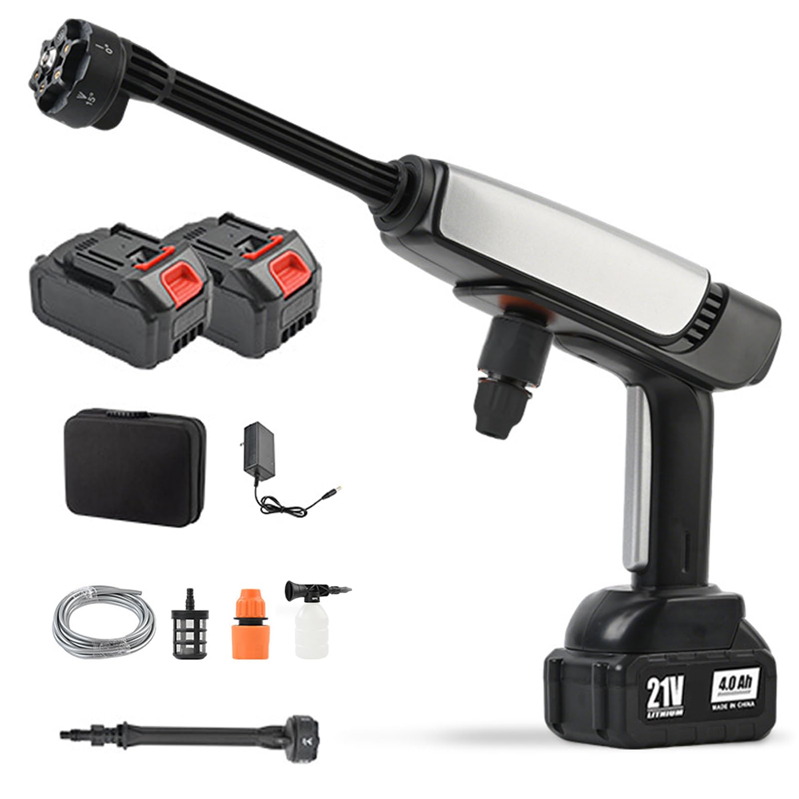 GOURIXIN Hidrolimpiadora Batería, Pistola Agua Presión Hidrolimpiadora Eléctrica Portátil con 2 Baterías, Pantalla Batería, Boquilla 6 en 1, Tubo 5m y Filtro, para Coche, Jardín, Terraza
