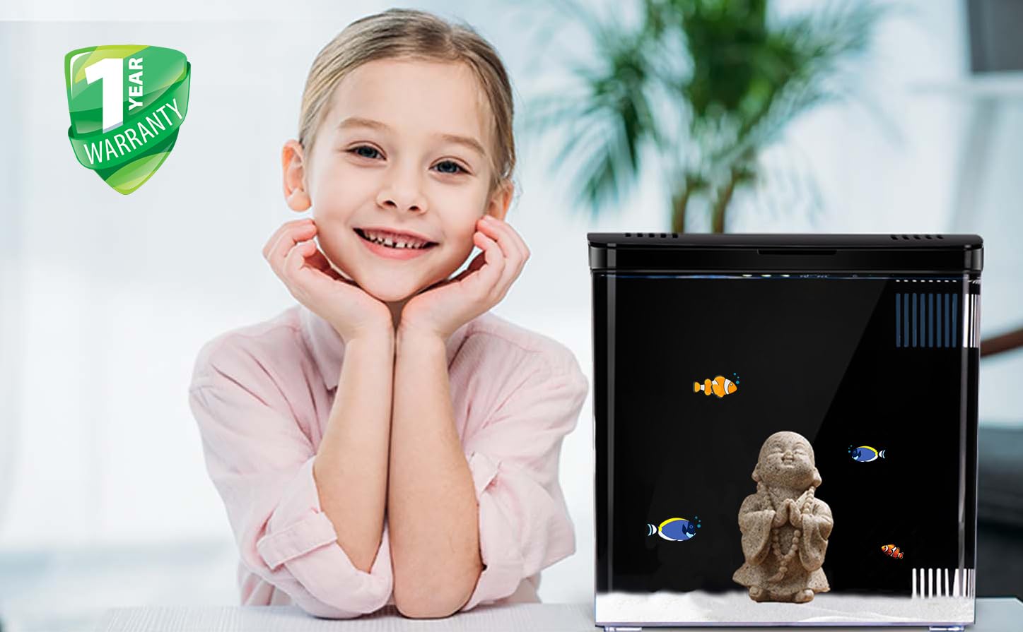 Carefree Fish 1.2Gallon Black Tiny Fish Tank Office USB Piccolo acquario Betta luce LED con filtro (include sabbia e piccolo Buddha)