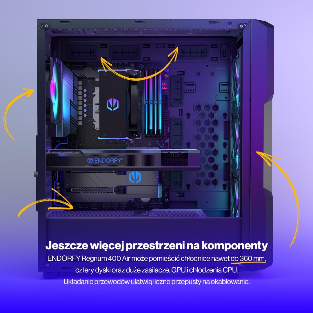 ENDORFY Regnum 400 ARGB Obudowa PC ATX z Hartowanym Szkłem | 4x Stratus 120 PWM ARGB, Kontroler PWM+ARGB, Mesh Front, Obsługa Chłodnic 360 mm, GPU do 370 mm