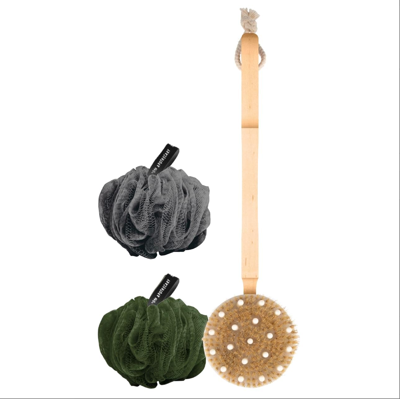 BLKSMITH Dry Massaging Brush and 2 Loofahs for Men - Shower Scrubber for Body, Deeply Cleanse Skin, Remove Impurities - Bath Loofa & Dry Brushing Body Brush for Lymphatic Drainage (Green - Navy)