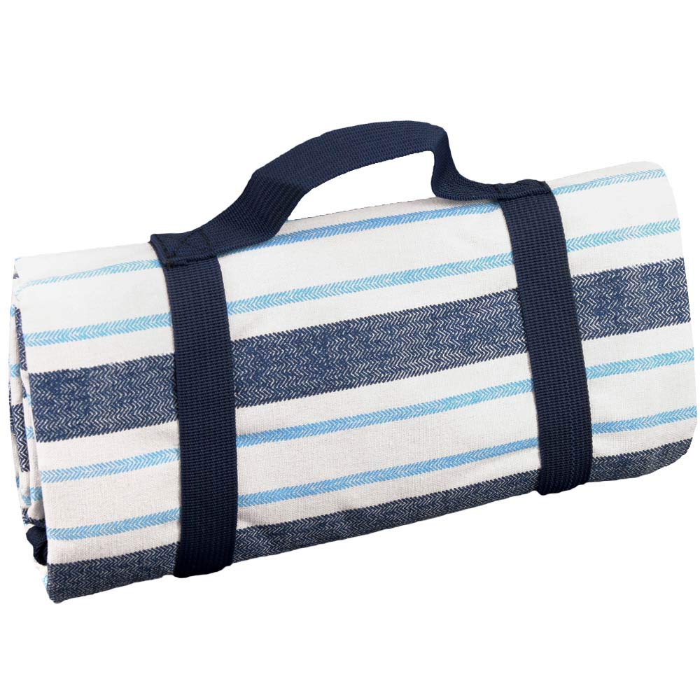 Les Jardins de la Comtesse - Nappe Pique-Nique Carré Bleu/Blanc à Rayures - Coton/Revers Imperméable Polyester - 140 x 140 cm - Adapté à Toutes Surfaces et Table de Jardin - 4/6 Personnes