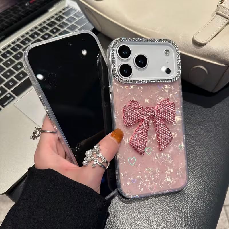 Image of mobistyle Compatible with iPhone 17 Pro Max | Rhinestone Bow Elegant Heart Shell Pattern and Camera Lens Protection Back Cover Case for Women Girls iPhone 17 Pro Max (Pink)