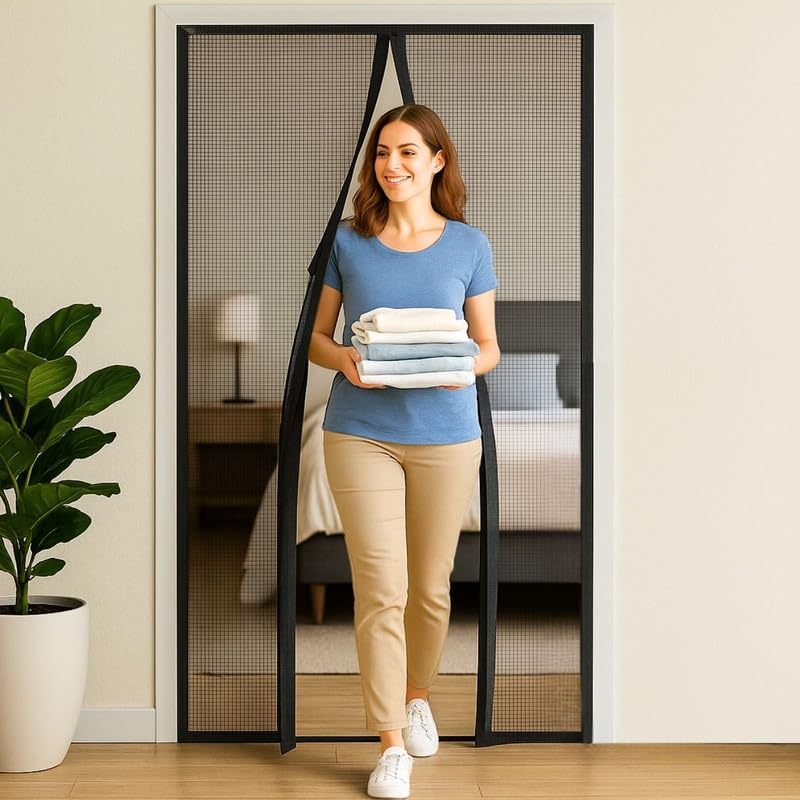Image of Royalkart 90x200cm Black | Magnetic Mosquito Net for Door | Fiberglass Screen Curtain with 34 Magnets | Auto-Closing Mesh to Keep Mosquitoes Out